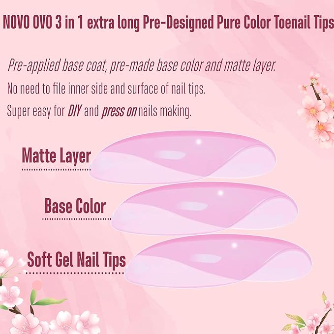 NOVO OVO Fake Toe Nail Tips Press on, Soft Gel Toenail Extension, PURE WHITE LONG Tapered Square Pre-applied Tip Primer & Base Coat, Full Cover Pre-etched False Nails for DIY x 12 Sizes 240Pcs