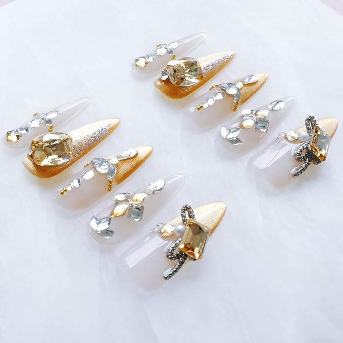 Luxury Long Stiletto Press-On Nails, Yellow Glitter with 3D Rhinestones and Heart Gems, Handmade False Nail 10 Pieces (XS, LS)