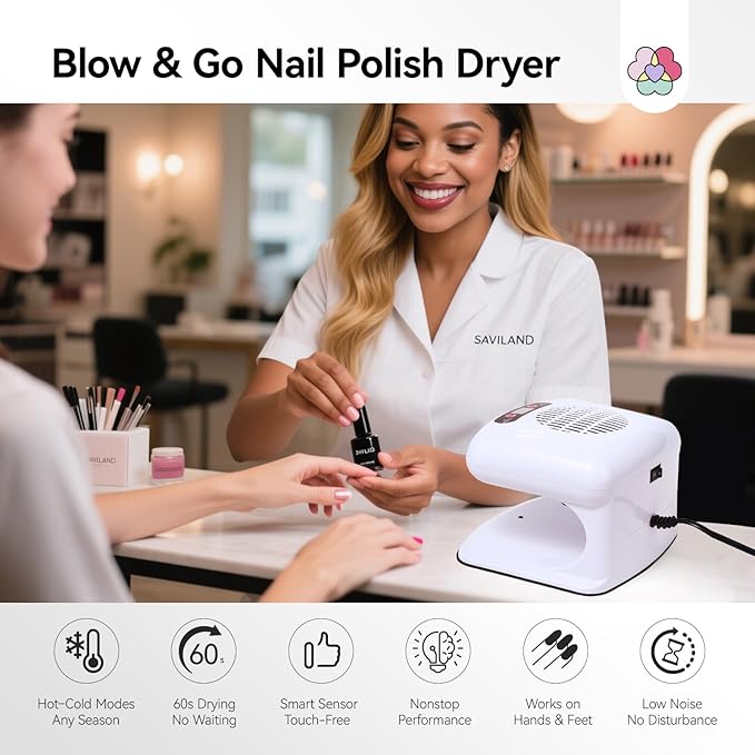 SAVILAND 5X Faster Dry Nail Dryer: 300W Strong-Air Nail Dryer for Regular Polish Smart Sensor Nail Polish Dryer Warm & Cool Wind Dual Air Dual Modes Battery-Free Nail Fan Home Salon Use