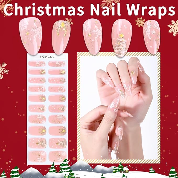 20pcs Christmas Semi Cured Gel Nail Strips - Salon-Grade DIY Wraps with Glaze Texture, Easy Application, UV Light Required for Festive Nails(Pink Gold Christmas Dreamy Nail)