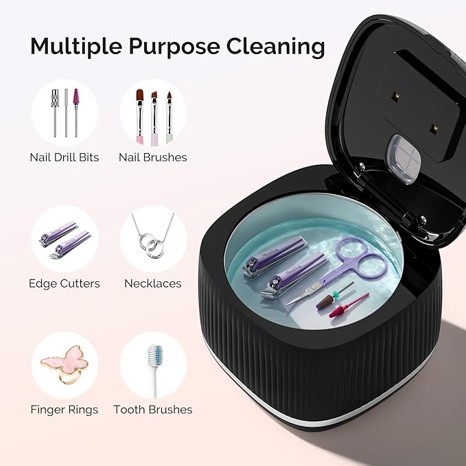 MelodySusie 2 in 1 Nail Tool Cleaning Machine, 3 Timers Mode for Nail Drill Bits, Nail Art Brush, Nail Clipper, Jewelry Cleaning, Salon & Home Use,Black,DL-160