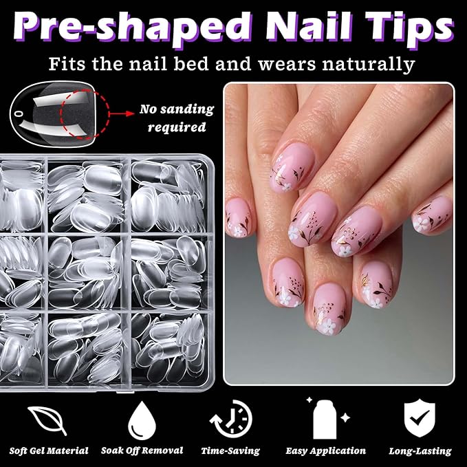 420pc Extra Short Oval Gel Nail Tips Clear Fake Nails, XS Clear Press on Nails Short Round Almond Soft Gel Nail Tip Acrylic Nail Full Cover False Artificial Fingernail for Nail Extension Press-ons