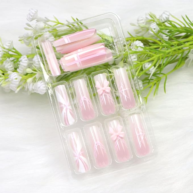 Long Press on Nails Square Fake Nails Press ons with Pink and White Gradient French Line Swirl Designs Cute Glue on Nails Acrylic Full Cover Stick on Nail for Women 24 Pcs