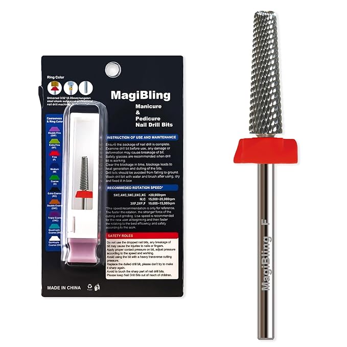 16mm Long Tapered Barrel Nail Drill Bit, 3/32” Safety Tungsten Carbide E-File Bit for False Nail Application, Press-On Tip Apply Nail Extension, Gel & Acrylic Removal, Two-Way Rotation, Fine.