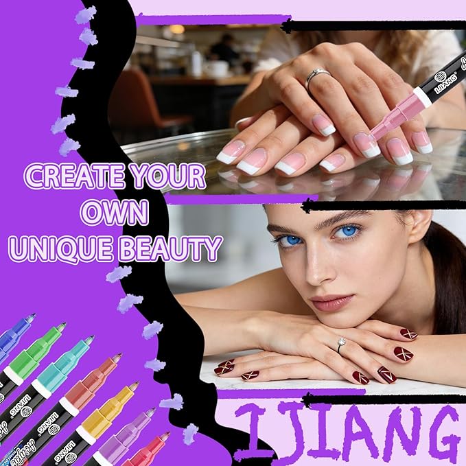 IJIANG Nail Art Pens Set 24 Colors with 0.7mm Fine Tips, Nail Art Markers for 3D Nail Art, Diy Nail Art Tools, Dotting Drawing Painting Point Home Salon, Acrylic Paint Non-Toxic Quick-Drying