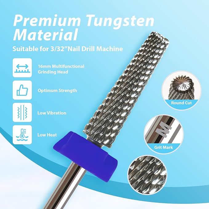 16mm Long Tapered Barrel Nail Drill Bit, 3/32” Safety Tungsten Carbide E-File Bit for False Nail Application, Press-On Tip Apply Nail Extension, Gel & Acrylic Removal, Two-Way Rotation, Medium.