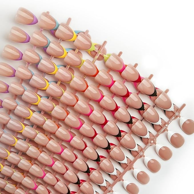 216 Pcs French Tip Press on Nails - Almond Fake Nails - French False Nails Press ons - Red Green Pink 9 Color Acrylic Reusable Glue on Nails - Short Stick on Nail for Women Manicure