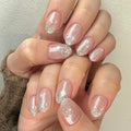 Pink Press on Nails Short Almond, French Fake Nails with Sparkly Silver French Tips and snowflake Designs, Glossy Gel Finish Acrylic Nails, Thick Reusable Glue on Nails Kit for Women, 24Pcs