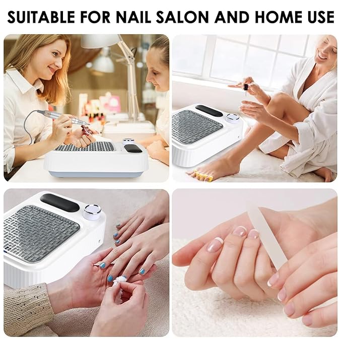 Nail Dust Collector with Reusable Filter for Acrylic Gel Nails, 80W Adjustable Nail Vacuum Suction Fan for Manicure Pedicure at Salon or Home, White