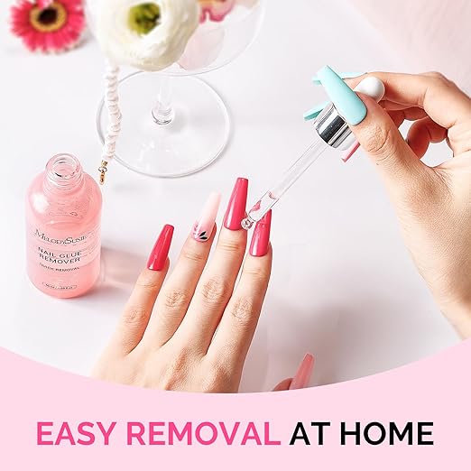 MelodySusie 50ML Nail Glue Remover for Press on Nails, Acetone Free Nail Polish Remover Multi-Functional Remover for Acrylic Tips Gentle Glue Remover with Stick