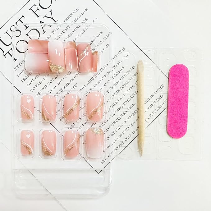 Press on Nails Medium Square Fake Nails Gold Glitter False Nails with Design Heart Curve Glue on Nails Gradient Pink Full Cover Acrylic Stick on Nail Reusable Artificial Nail for Women Manicure 24Pcs