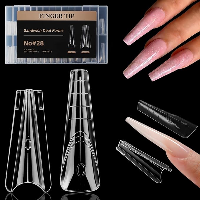 280 Pcs Original Sandwich Nails Dual Form with Guide Lines Long Slim Coffin Nail Mold for Builder Gel Nail Extensions Art Design Salon DIY at Home