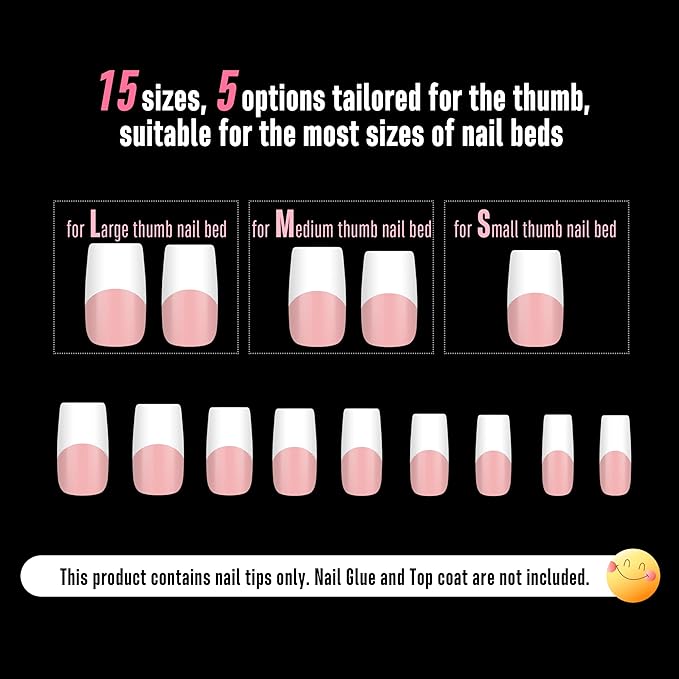 NOVO OVO Old School Wide White French Tip Nail Tips Press on, Medium Length Tapered Square BABY PINK, Extra Thick Soft Gel Fake Acrylic Extension, Need Builder Gel, Top Coat, Glue 15 Sizes 240 pcs
