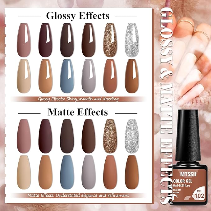 MTSSII Gel Nail Polish Set 12 Colors Nude Brown Skin Tones Neutral Gel Polish Dark Tan Taupe Khaki Gold Silver Nail Polish Fall Winter Soak Off French Nail Art Manicure DIY Home Salon Gift