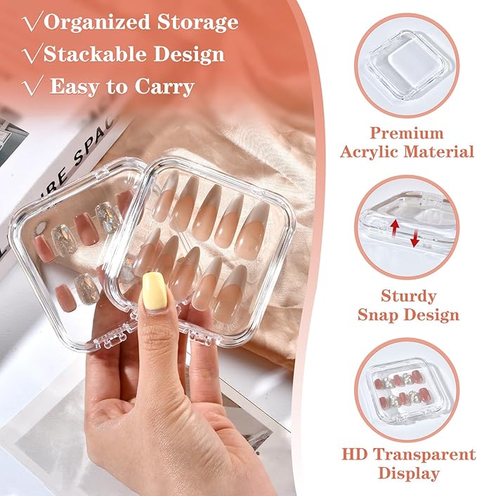 48 Sets Press On Nail Storage Box, Clear Artificial Nail Display Case Acrylic Nail Boxes Press On Nail Packaging Box, Adhesive Double Sided Tape Nail Box for Nail Salon
