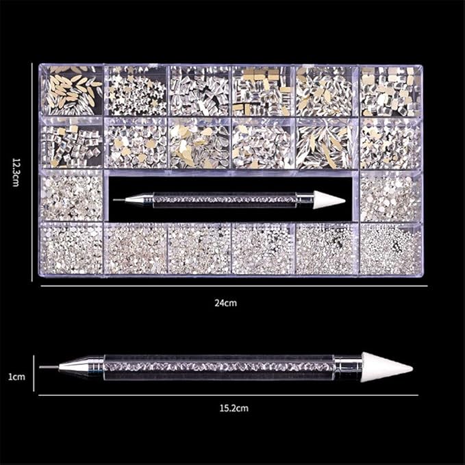 600+2100 Pcs Crystal Rhinestones Nail Art Set Nail Gems White Clear Class Multi-Shape Flat Back Shiny Nail Jewels with Picking Pen for Nail Art DIY Crafts Phones Clothes Shoes Jewelry Bag