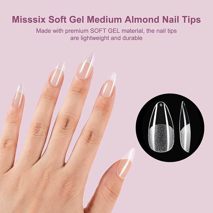 Misssix Medium Almond Gel Nail Tips Kit, 360Pcs Pre Etched Clear gel x Fake Nails, Full Cover False Nail 9-in-1 Gel Glue and Portable Mini U V Nail Lamp for Women 12 Sizes