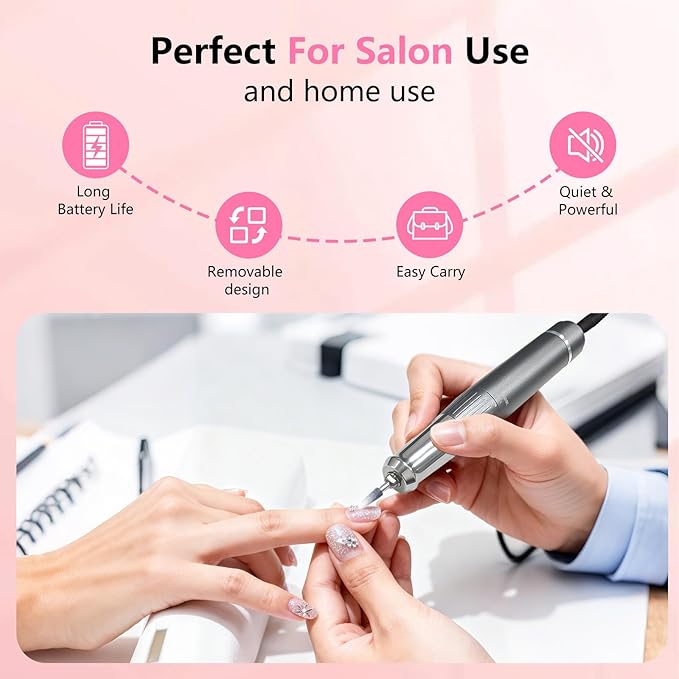 BETE Professional Nail Drill, 40000 RPM Cordless Electric Nail File Kit with 6 Bits, Rechargeable Efile for Acrylic Gel Nails Polishing, Manicure Tools for Salon Home Use, Pink