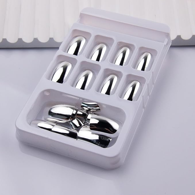 Silver Press on Nails Short Square Fake Nails Metal Chrome False Nails Press ons Glossy Silver Mirror Acrylic Nails Full Cover Holographic Metal Chrome Glue Stick on Nail for Women Manicure 24pcs