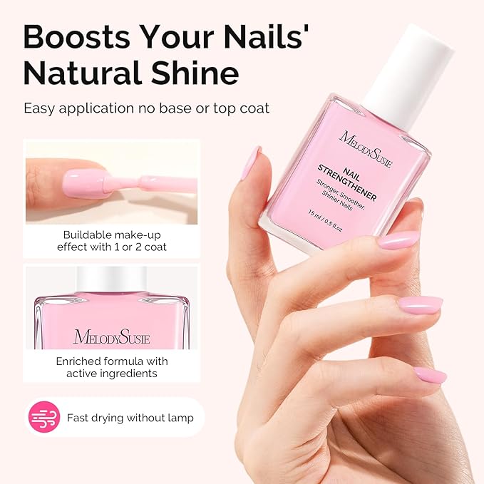 MelodySusie Nail Strengthener and Growth Treatment, 2-in-1 Ridge Filling Base Coat & Glossy Concealer Polish for Damaged Nail Repair and Healthy Shine,Gifts for Women 15ml 0.5 Fl Oz Pink