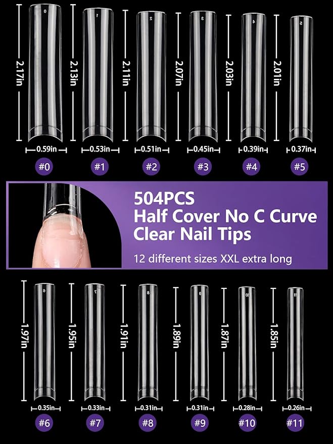 504PCS XXL Square No C Curve Nail Tips for Acrylic Nails Professional, Clear Tapered Square Straight Half Cover Extra Long Fake Nails, Ballerina Coffin Nails Tips for Salons DIY Nail Art