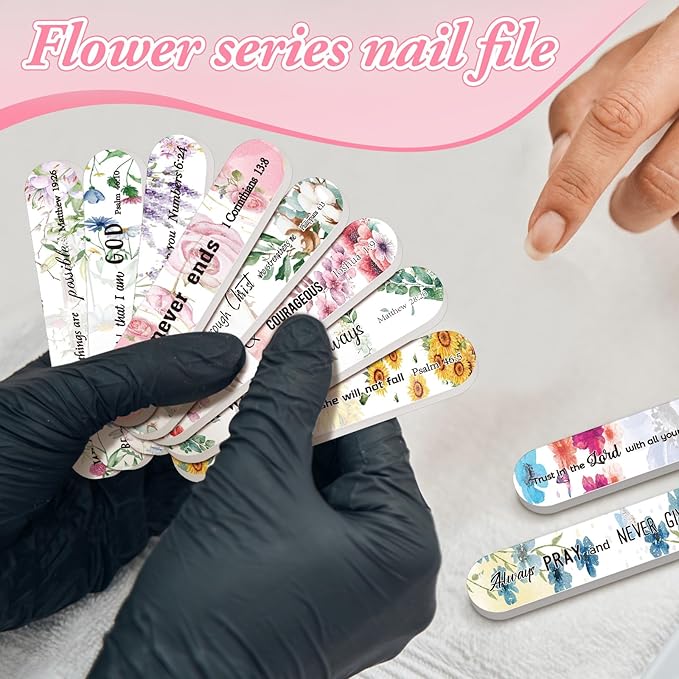30 Pcs Christian Gifts for Women Bulk Christian Nail File Bulk Mini Bible Scripture Emery Board Nail Files Religious Appreciation Gifts for Employee Teacher Staff Coworker Women (Flower)