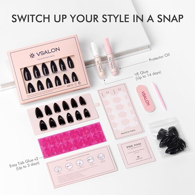 VSALON Press on Nails Medium Almond - Glossy Black Nails for Women, Reusable Solid Opaque Gel Salon Quality Fake Nails with Glue & Cuticle Oil - 32 PCS Glue On Nails in 16 Sizes