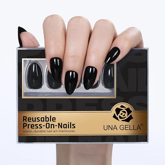 UNA GELLA 32Pcs Soft Gel Press on Nails - 16 Sizes Almond Glue on Nails, Reusable Black Solid Color False Nails, Full Cover Acrylic Nail Kit for Women DIY Home Manicure