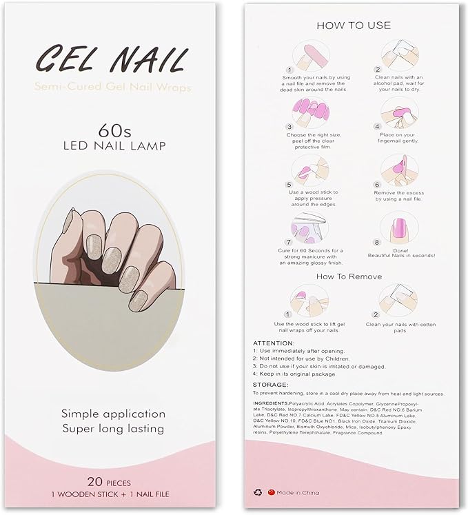 JMEOWIO Gel Nail Stickers Rose Gold Glitter Semi Cured Gel Nail Strips Wraps UV/LED Nails Art Design Decoration Accessories