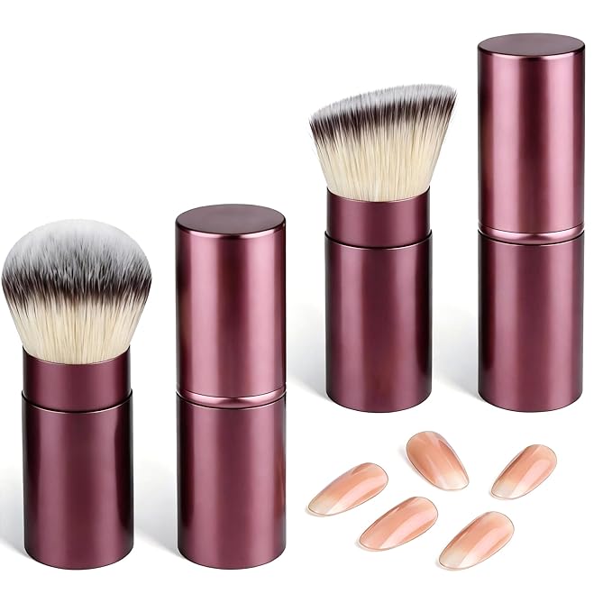 WOKOTO 2 PCS 2-in-1 Retractable Brushes - Nail Art Dust Remover for Acrylic Nails, Round & Angled Makeup Brushes for Foundation & Cream, Burgundy Handle Dust Brush, Travel-Friendly Aluminum Tube