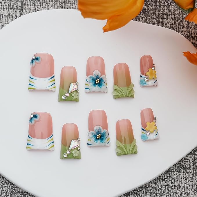 10Pcs Handmade Press on Nails Short Duck Nails Press ons Green French Tip with 3D Floral Rhinestone Design Stick on Nails for Women Nails Art (Whisper in Blush & Mints,L)