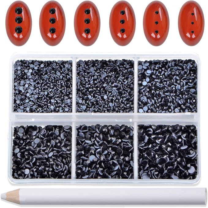 Bymitel Hotfix Crystal Rhinestones Round Gems for Crafts,Mixed 6 Sizes with Wax Pencil Kit, Black1.3-3.2mm(SS3-SS12/8000pcs)