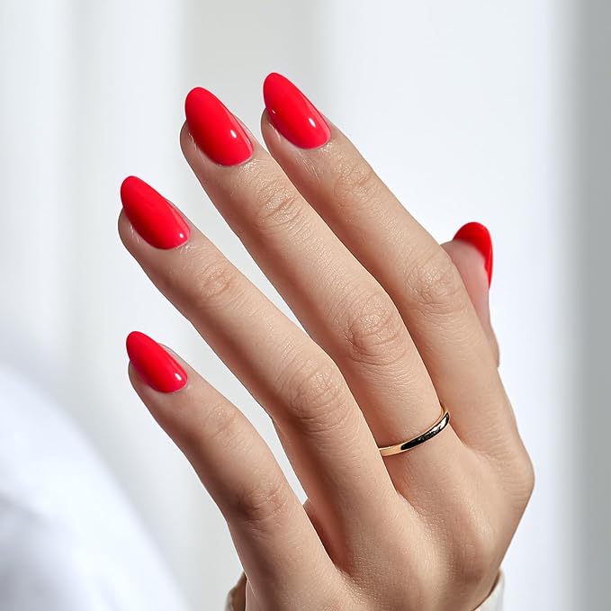 BTArtbox Press On Nails Short - Salmon Pink Press on Nails, Oval Fake Nails with Nail Glue, Reusable Glue On Nails in 16 Sizes Nail Kit, Tomato Tango