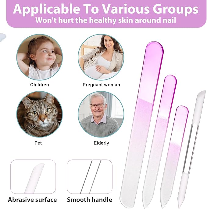 4 Pcs Glass Nail File Set, Glass Nail File & Cuticle Pusher, Glasss Nails Files with Leather Storage Bag, Nails Files Kit for Manicure Pedicure Toenail Buffer Cuticle Trimmer (Pink)