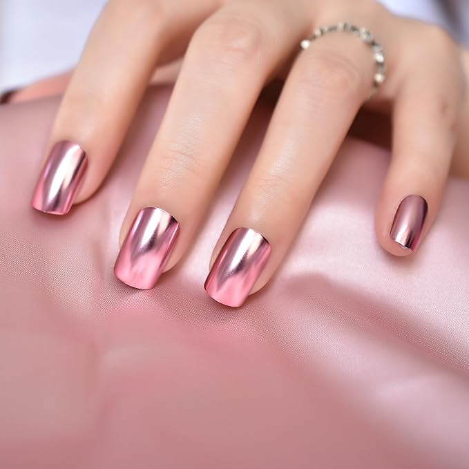 EchiQ Chrome Punk Metallic Pink Square Press On False Nails Medium Short Length Fingernails Velvet Fake Nails Bright Acrylic Manicure Art Tips Women 24pcs/Set