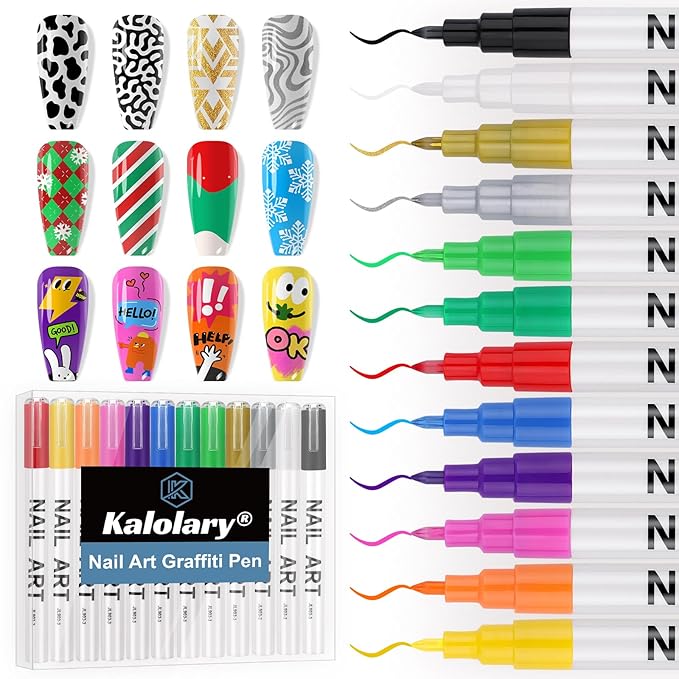 12 Color 3D Nail Art Pens Set, Kalolary 0.7mm Nail Point Graffiti Dotting Pen Drawing Painting Liner Brush for DIY Nail Art Beauty Adorn Manicure Tools