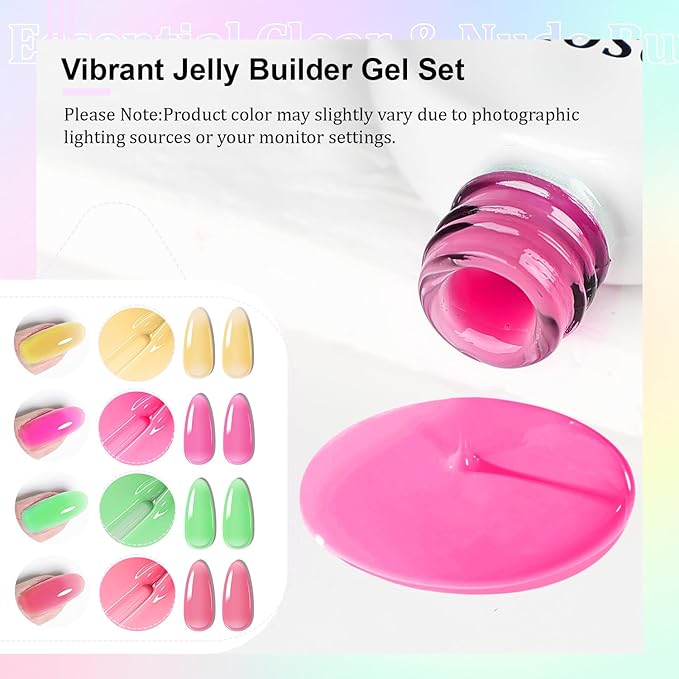 JODSONE Builder Gel for Nails,4Pcs Builder Gel Set 10ml,Nail Extension & Strengthening,Green Yellow Purple & Rose Red,Long Lasting Nail Art Gift Sets for Women