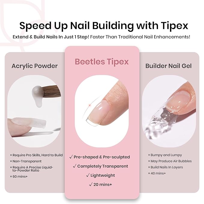 Beetles Tipex Instant Apex Nail Tips, Squoval XS Short Acrylic Nail Tips, Pre-Etched Pre-Building Strong Thick Long Lasting,16 Sizes,512 Pieces