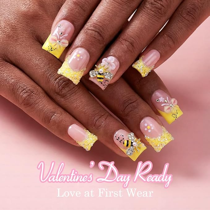 10 Pieces Luxury Acrylic Press On Nails Short Handmade Duck Nails, Butter Yellow Thickened False French Nails, Sugar Crystal Rhinestones, Floral Bee Charms, Reusable Acrylic Nails (S)