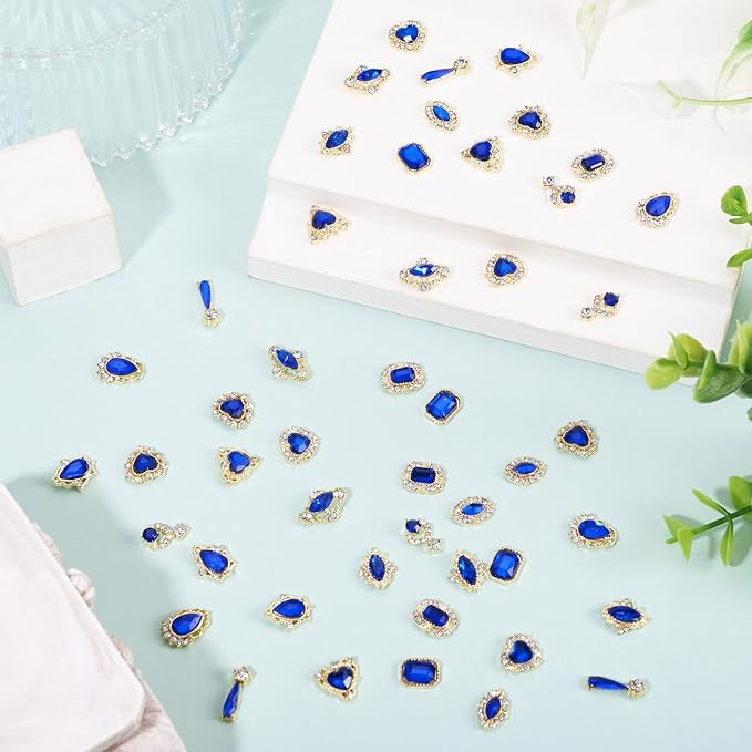 KISSITTY 48pcs Nail Art Rhinestones Flat Back Rhinestone Crystal Cabochons Blue Color Heart Teardrop Rectangle Shape Small Embellishments for Nail Art Craft Decoration Jewelry Making