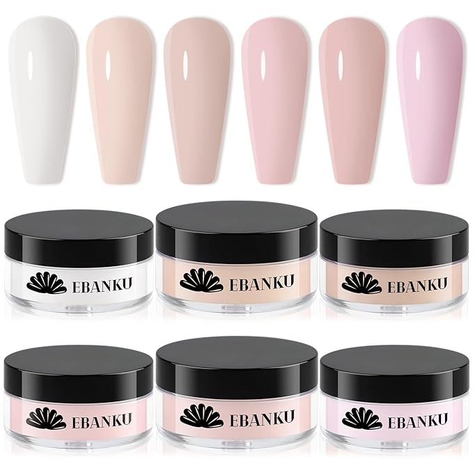 EBANKU Nude Pink Acrylic Powder Set, 6 Colors Jelly Pink, White, Nude - 6 * 10g/0.35oz for Nail Extension, Carving, French Nail
