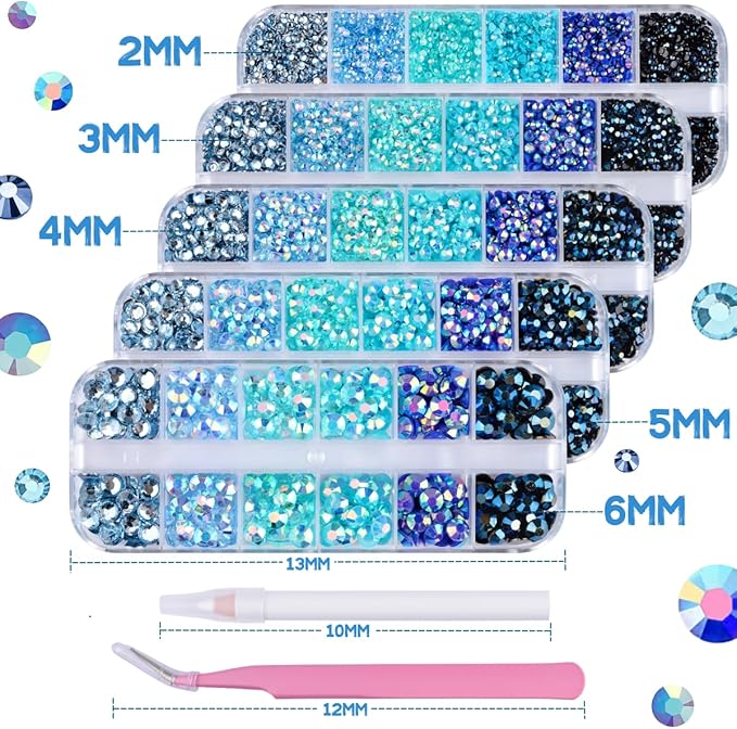 5 Boxes 12420pcs Sparkling Crystal Nail Rhinestones Kit, Flatback Multicolor Transparent Jelly AB Mermaid Gems with Pick Up Pen and Curved Tweezers for Manicure Salon & Craft DIY Designs (Blue)