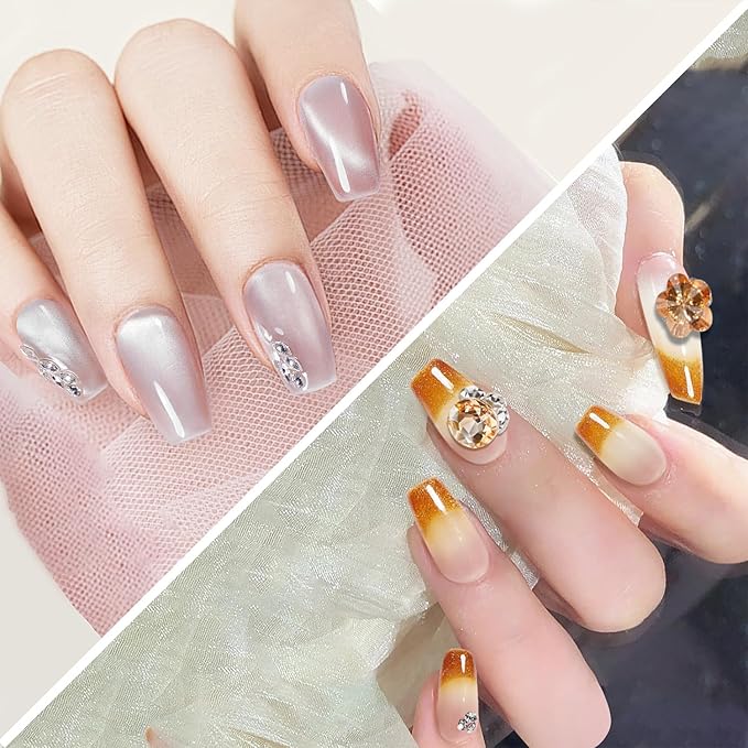 2 Packs Press On Nails Handmade Rhinestones Charms DIY Reusable Adhesive Tabs False Fake Nail, Set #01, Size M
