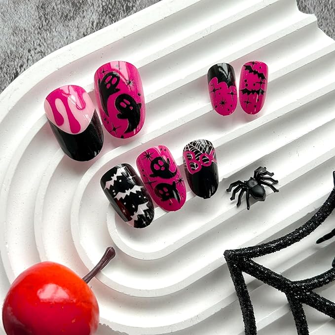 Halloween Press on Nails Oval Fake Nails French False Nails with Ghost & Spider Web Design Pink Acrylic Nails Full Cover Stick on Nails Artificial Nails Glossy Glue on Nails for Women 24Pcs