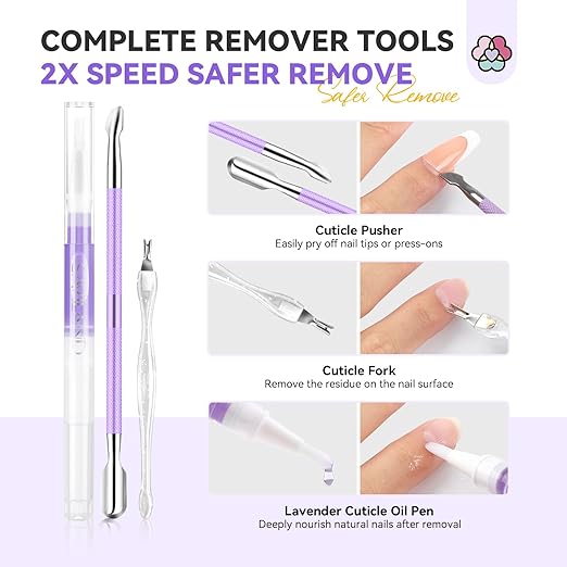 SAVILAND Fast Nail Glue Remover Kit: Press On Nail Remover 4 Pcs Cuticle Tools Easy Removal of Nails Glue and Acrylic Nails Tips 30 ml Debonder Serum and Cuticle Oil Pen Nail Prep Kit