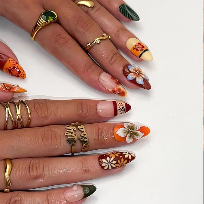 Medium Press on Nails Almond MABKJLF Fake Nails French Tip False Nails with Hibiscus Flower Beads Designs Colorful Glossy Glue on Nail Acrylic Nails for Women Girls 24Pcs