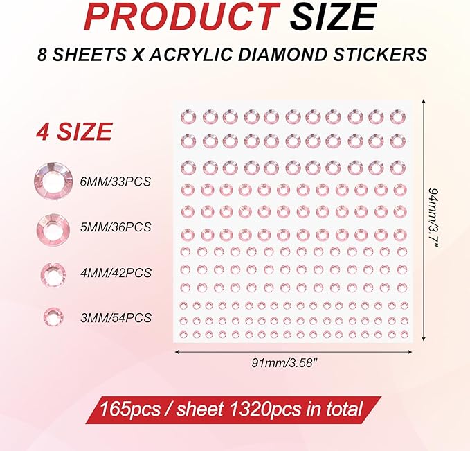 PATIKIL 1320 Pcs Acrylic Gem Sticker, 4 Size 3/4/5/6mm Self Adhesive Rhinestones Face Gem Stones Bling Jewelry for Nail Art Craft Clothes DIY Makeup Decoration Party, Light Pink