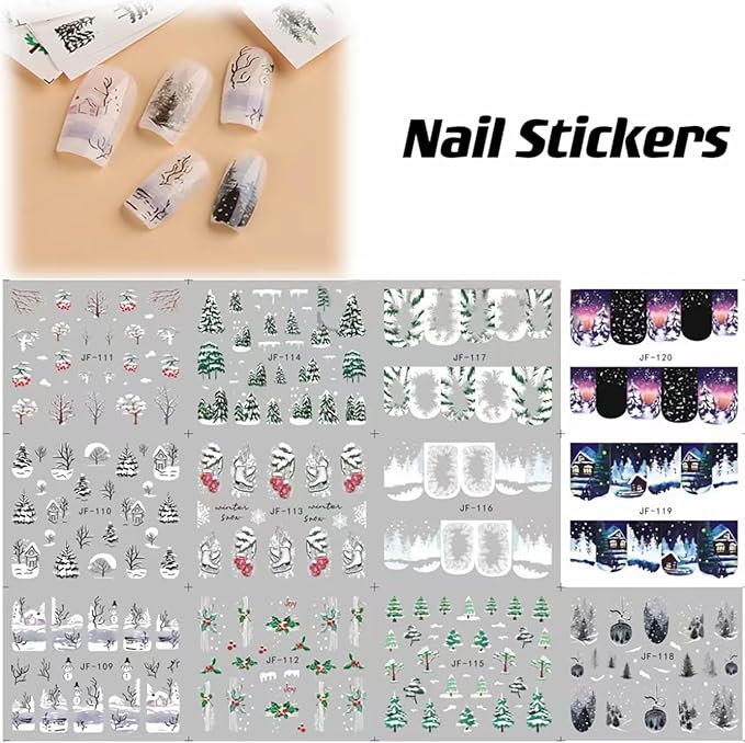 12 Sheets Christmas Nail Stickers Decals for Nail Art Snowflake Christmas Tree Water Transfer Nail Stickers Winter Holiday Nail Art Supplies French Nail Decorations Xmas Nail Art Stickers for Women