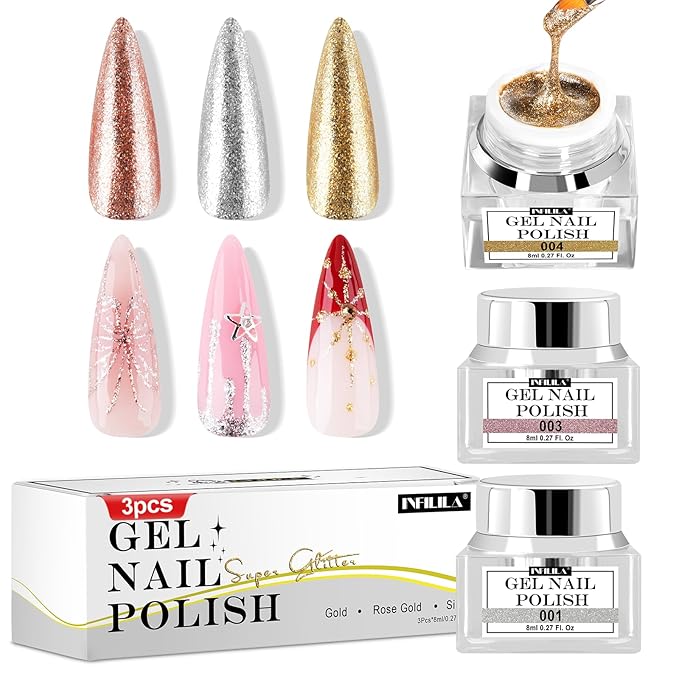 NXJ INFILILA Glitter Gel Nail Polish Set, 3 Colors Gold Silver Rose Gold Reflective Metallic Gel Polish, Holographic Sparkle Long-Lasting Soak Off UV LED Cured Gels for Salon DIY Manicure
