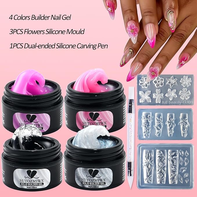 Solid Builder Gel for Nails,4 Colors Non-Sticky 3D Nail Sculpting Gel for Nail Art Flower Carving Modeling Design Hard Gels Nail Extension Glue with 3D Silicone Mold for Manicure Salon or Home DIY